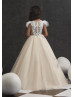 Feather Sleeve Beaded Lace Sparkle Tulle Flower Girl Dress